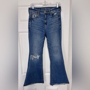 American Eagle Outfitters Distressed High Waisted Blue Flare Jeans